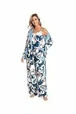 Nutria Damen Pyjama Lang 3-teiliges Lounge Set, Sommer Homewear Schlafanzug, Cami Träger Top Weite Hose Bademantel Set Frauen Pjs D08 Blau (Top+Hose+Bademantel) XXL