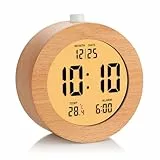 Plumeet Holz Digitalwecker, 10cm Batteriebetriebener Wecker mit Schlummer und Nachtlicht, Elektronische LCD Tischuhr mit Zeit, Datums, Temperatur, 12/24 Stunden-Anzeige, Holzdekor, Rund
