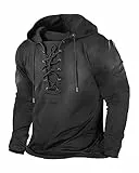 Beotyshow Herren Vintage Hoodie Langarm Shirt Männer Lace Up Hooded Langarmhemd Distressed Casual Outdoor Taktisch Pullover Hemd mit Kapuze 1-Schwarz 1L