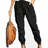 Greensen Leichte, Weiche Damenhose mit Kordelzug, Konisches Bein, Cargohose, Mittlere Leibhöhe, Hohe Taille, Freizeit, Joggerhose, Reine Farbe, Wanderhose(L-Schwarz)