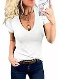 Fessceruna Damen T-Shirt V-Ausschnitt Sexy Kurzarm Shirt Sommer Basic Tee Tops Slim Fit Oberteil(Weiß, XL)