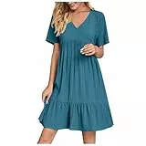 KOG Sommerkleid Sommerkleider für Damen 2026 Boho-Kleid Einfarbige Teenager Leichte Bekleidung Kleider Leicht Teenager Blusenkleid Shirtkleid Baumwolle Brautmutterkleider Blau M