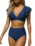 OUSIMEN Damen Bikini Set V-Ausschnitt Rüschenärmeln High Waist Bademode Zweiteiliges Badeanzug Bauchweg Swimsuit