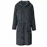 CelinaTex M Bademantel Kapuze Uni lang aufgesetzte Taschen zwei Wege Reißverschluss Damen Kuschelflanell OEKO-TEX Vital