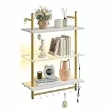 Bestier 60 cm 3-stufiges schwebendes Rohrregal, industrielles wandmontiertes Leiterregal mit Rundrohr und Haken, Holzregal für Dekoration und Aufbewahrung (Weiß, 60CM)