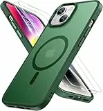 Miracase Magnetisch für iPhone 14 Hülle Kompatibel Mit MagSafe[mit 2 Schutzglas] Militärnorm Schutz Anti-Fingerabdruck Schlanke Ausführung Handyhülle für iPhone 14 6,1 Zoll, Dunkelgrün für Handysocken