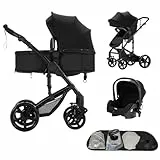 3-in-1 Baby Kombikinderwagen, Babywanne, Sportwagen und Autositz, for 0-36 Monate Babys (Schwarz)