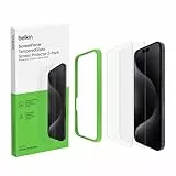 Belkin ScreenForce TemperedGlass antimikrobielle Display-Schutzfolie für iPhone 15 Pro Max, kristallklar, kratzfest, Positionierungsrahmen für Blasenfreie Applikation, 2er-Pack, Exklusiv bei Amazon