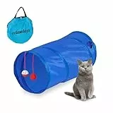 Relaxdays Katzentunnel faltbar, BxD: ca. 50x25 cm, Katzenröhre mit Spielzeug & Tasche, interaktiver Spieltunnel, blau