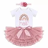 FYMNSI Baby Mädchen Boho Regenbogen 1/2. Geburtstag Outfit Baumowlle Kurzarm Strampler Body Tütü Tüll Rock Blumen Stirnband Halber Geburtstag Party Fotoshooting Bekleidungsset Dunkelrosa 6 Monate