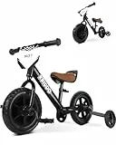 KRIDDO 2-in-1 Kinder Dreirad und Laufrad ab 2 Jahren, mit abnehmbare Pedalen, einklappbare Stützräder und individualisierbarem Schild, Fahrspaß-Spielzeug für 18 Monate bis 3 Jahre, Schwarz