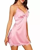 RSLOVE Satin Nachthemd Damen Kurz - Negligee Sexy mit V-Ausschnitt und Spitze Rosa M
