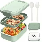 BIBURY Brotdose für Kinder und Erwachsene mit Fächern, 1960 ml BPA-frei, auslaufsicher Lunchbox, Bento Box mit Besteck und Saucenbox für Schule, Picknick & Unterwegs - Nordischer Salbeigrün