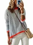 Cuptacc Pullover Damen Herbst Gestreiftes Langarmshirt Locker Pulli Damen Rundhals Baumwolle Baumwolle Oberteile Dunkelblau XL 46-48