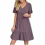 KOG Damen Sommerkleid Sommerkleider 2026 Shirtkleid Einfarbig Basic Bekleidung Strandkleid Tunika Teenager Festkleider Boho-Kleid Baumwolle Kleid Hochzeitsgast Lila XXL