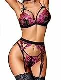RSLOVE Damen Dessous Set mit Strumpfhalter - 3-teiliges Spitzen Teddy Babydoll Bodysuit Schwarz Remix Rosa S