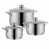WMF Diadem Plus Topfset Induktion 3-teilig, Kochtopf Set mit Glasdeckel, Cromargan Edelstahl poliert, Induktions Töpfe Set unbeschichtet