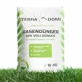 TerraDomi Rasendünger Frühjahr & Sommer 16kg NPK 15-15-15 I Volldünger mit Langzeitwirkung I verdrängt Moos I für über 640 m² Rasen I streuwagengeeigneter Dünger | staubarm & mit extra Schwefel