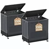 HAIXIN HOME Rollender Wäschekorb mit Deckel, 130 l, großer Kunststoff-Wäschekorb für Studentenwohnheim, faltbarer Wäschekorb für Industrie, Schlafzimmer, Wohnzimmer, Badezimmer, Schwarz, 2 Stück