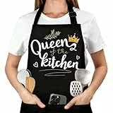Belillpipi Kochschürze Damen Schwarz, Verstellbare Schürze Damen mit 3 Taschen, Grillschürze Kochschürze Schürze Personalisiert Schürzen Geschenk für Mama Oma Muttertag Lustig Geburtstagsgeschenk