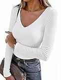 Totatuit T-Shirt Damen Langarm V Ausschnitt Shirt Slim Fit Geripptes Oberteil Stretch Baumwolle Basic Pullover Tops Weiß M