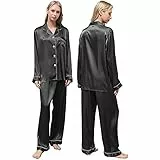 Ladieshow Satin Schlafanzüge für Damen, Lang Nachtwäsche Seidig mit Knopfleiste, Seide Langarm Damen Pyjama Set Schlafanzughose und Schlafanzugoberteile (schwarz, L)