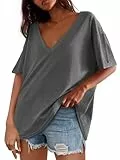 Tankaneo Damen Oversized T-Shirt Kurzarm Tiefer V-Ausschnitt Sommer Oberteile Einfarbig Basic Tee Shirts Casual Lose Tunika Tops Bluse DunkelGrau XL