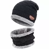 Bequemer Laden 2 Stücke Winter Beanie Mütze Schal Set Wolle Warme Strickmütze Dicke Fleecefutter Wintermütze & Schal für Herren und Damen, 1-Schwarz, Einheitsgröße