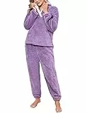 Niwicee Schlafanzug Damen Lang Pyjama Damen 2-Set, Hausanzug Damen Kuschelig Weich Nachtwäsche Sleepwear Pyjamahose,Polar Fleece Oberteile Hosen Warm Anzug Lose Freizeitanzug Mit Tasche-A-Grau-M
