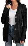 GRECERELLE Damen Strickjacke Strick Cardigan Lange Elegant Strickjacken mit Taschen mit Knöpfen Strickwaren Übergroße Pullover Strickmantel für Herbst Winter Frühling (02 Schwarz, L