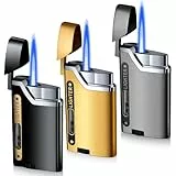 3 STK Sturmfeuerzeug Jetflamme, Sturmfeuerzeug Gas Nachfüllbar Feuerzeug Sturmfeuerzeugs mit Sichtbarem Fenster Winddicht Jet Feuerzeugs Gasfeuerzeug für Küche/Camping, Grau+Schwarz+Gold(Ohne Gas)