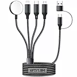 Homailida 4 in 2 Multi Ladekabel für A pple Watch, 1.8M/6FT Nylon Schnellladekabel USB-A/C zu iOS/Typ C/Micro-USB/iWatch, Kompatibel für iWatch Ultra/SE/1-11/iPhone/iPads/AirPods/Galaxy
