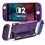 DLseego Schutzhülle für Switch 2, Dockable Hart PC Schutzhülle Anti-Kratz und Stoß-Absorption Design Hülle mit 2 TPU Weichgriff Abdeckung und 4PCS Daumen Griff Kappen,Klar Violett