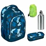 neoxx Schulrucksack 4tlg. Set mit Schlamper-Box, Trinkflasche und Regenschutz-Hülle Rucksack für die Schule ergonomischer Schulranzen Schultasche 5. bis 12. Klasse (Camo Nation/Blau)