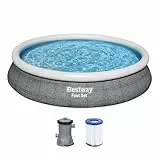 Bestway Fast Set Aufstellpool-Set mit Filterpumpe Ø 457 x 84 cm, Rattan-Optik (Schiefergrau), rund