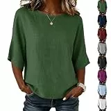 Bluse Damen Sommer 3/4 Arm Leinenoptik Oberteile Locker Rundhals Tunika Einfarbig Casual Hemd Leichtes Shirt Elegant Tops Schick Mode Für Alltag Urlaub