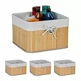 Relaxdays Aufbewahrungskorb 4er Set, Bambus, mit Stoffeinsatz, HBT: 20x31x31 cm, Körbchen mit Griffloch, Regalkorb, natur