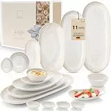 SÄNGER | Servierplatten Korfu 11 tlg, Schalen & Teller Set, Geschirrset Steingut inkl. Servierplatten & Dip Schalen, Servierset Spülmaschinenfest Creme mit sandiger Maserung| PREMIUM COLLECTION