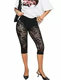 TZLDN Damen Spitze Leggings 3/4 Capri Hosen Sexy Durchsichtig Leggins Festival Disco Party Outfits Schwarz S