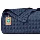 PHF 100% Baumwolle waffledecke Kuschedecke 220x240cm, leicht & atmungsaktiv, perfekt für das ganze Jahr - Oeko-TEX® Zertifiziert - Hotelwäschequalität - Ideal für Sofa Couch Bett, Dark Navy