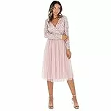 Maya Deluxe Damen Maya Deluxe Midi Elegant Wedding Sleeves Deep V Neck Sequins Cocktail Prom Bridesmaid Dress, Frosted Pink, 38 EU