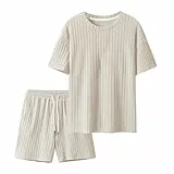 DHYUEN Tracksuit Herren Elastischer Bund Baggy Leinenanzug Jogginganzug Zweiteiler Lose Tshirts Und Sporthose Trainingsanzug Einfarbige Sommer Outfit 2 Teiliges Streetwear Sportanzug（Complexion，L）