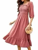 KOJOOIN Damen Kleid Casual Lange Sommerkleid 3/4 Ärmel Swing Midikleid A Linie Freizeitkleid mit Hohe Taille Rot L