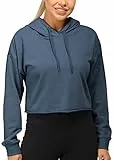 icyzone Damen Cropped Kapuzenpullover Langarm Sweatshirt Crop Top Pullover Hoodie (L, Blau)
