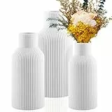 Keramik Vase Weiß FoiiLiio 3er Set Vasen Deko（Groß+Medium+Klein Blumenvase für Tulpen/Pampasgras Dekorative Weiße Vasen für Blumen für Wohnzimmer Esstisch Büro Dekor Blumenvasen