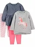 Simple Joys by Carter's Mädchen 4-Piece Long-Sleeve Shirts and Pants Playwear Hosen-Set, Grau Einhorn/Hellrosa/Jeans/Rosa, 5 Jahre