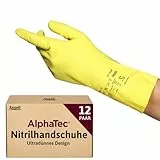Ansell AlphaTec 37-320 Mehrzweckhandschuhe aus Nitril, Chemikalienschutz, Lebensmittel Geeignet, Wiederverwendbare Nitrilhandschuhe, Hausputz, Haushalt, Kochen, Gelb, Größe L (12 Paar)