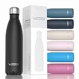 WATERSY Edelstahl Isoliert Trinkflasche Sport 500 ml, Thermosflasche Metall Kinder, Auslaufsicher Thermo Trinkflasche BPA-Frei Thermoskanne Schwarz, Wasserflasche Edelstahl Doppelwandig