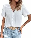 YUTILA Damen Bluse Boho Spitze Kurzarm V-Ausschnitt Oberteile Elegant Sommer Lässig Shirts