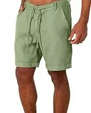 Tongmingyun Shorts Herren Sommer Kurze Hosen Leinen Sommershorts mit Taschen Lässigen Bermuda Leinenhose Einfarbige Freizeithose Lockere Strand Kurz Hose Herrenshorts Olivgrün M